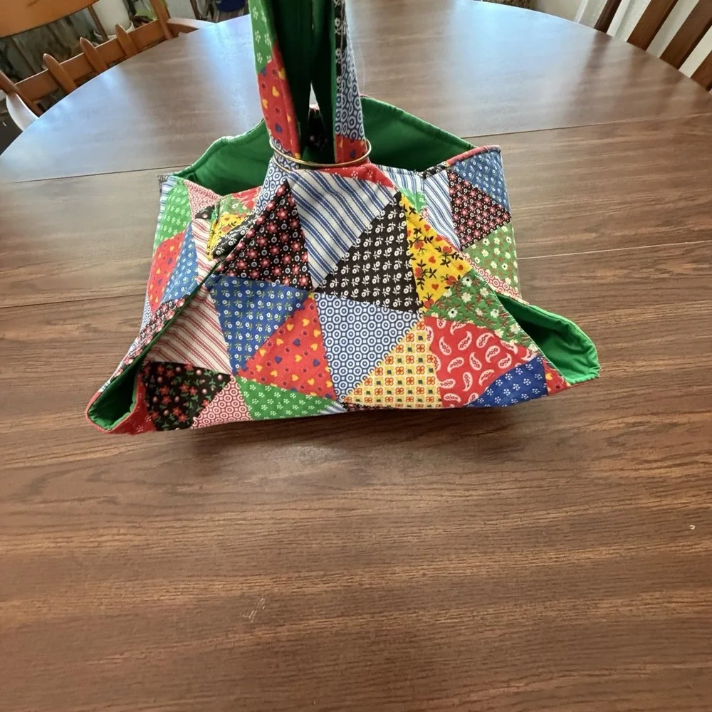 Vintage Reversible Casserole Carrier Patchwork Kelly Green Hot Dish Tote Farm